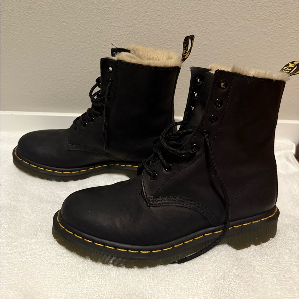 Dr. Martens Serena 1460 Black Leather Boots with Faux Fur Lining